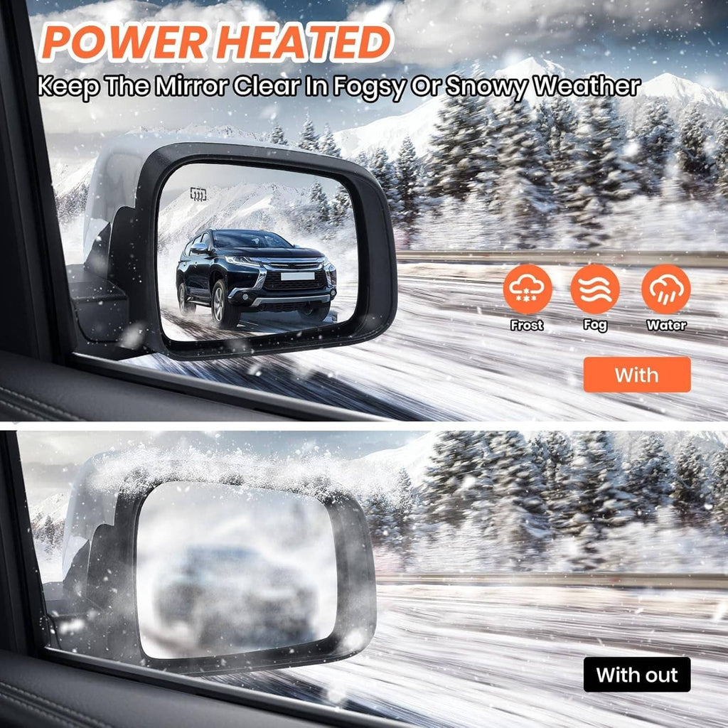 Heated blind-spot mirror shown on a car in snowy conditions for clear glass