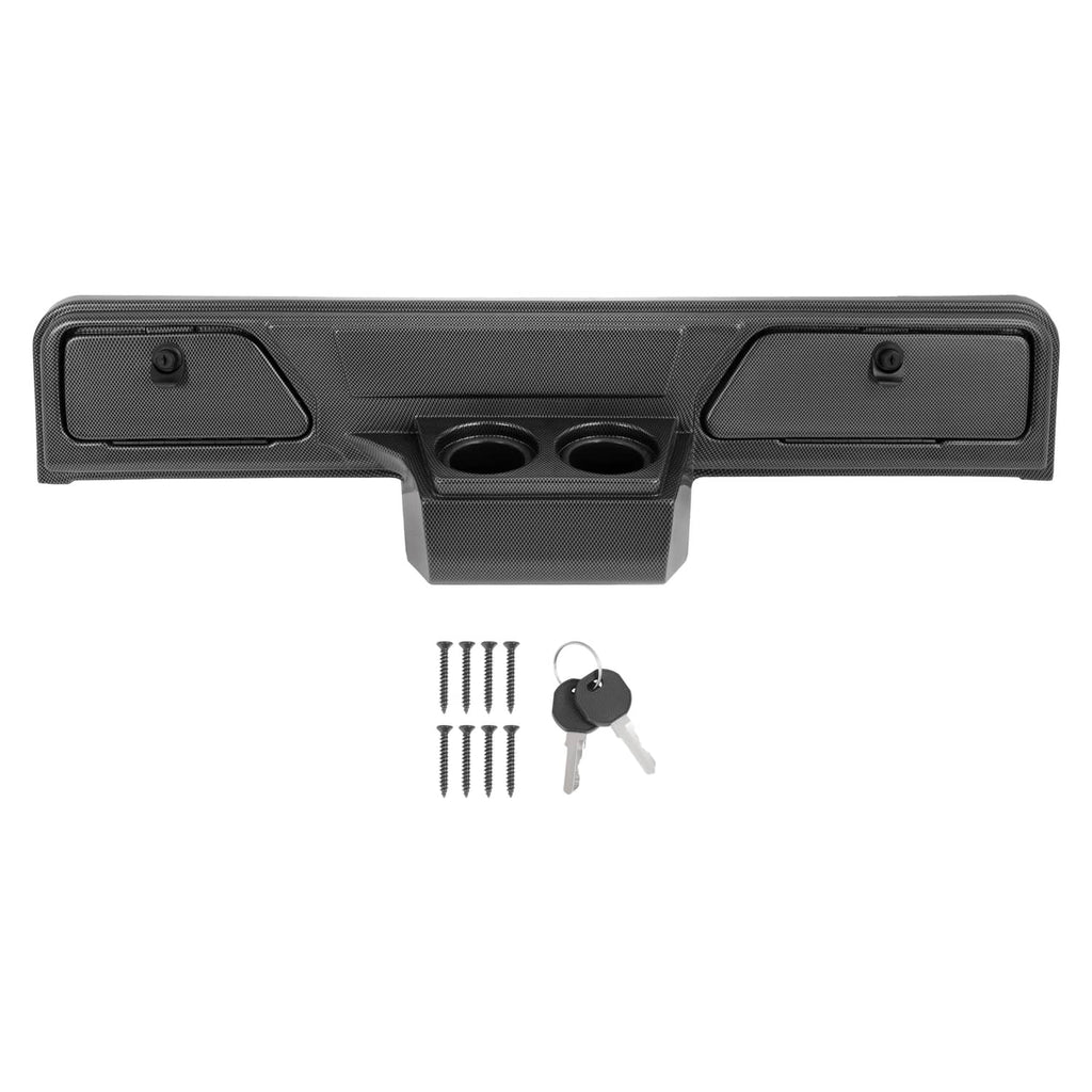 Carbon fiber-style dashboard dash cover with two cup holes, center bezel, and two side panels