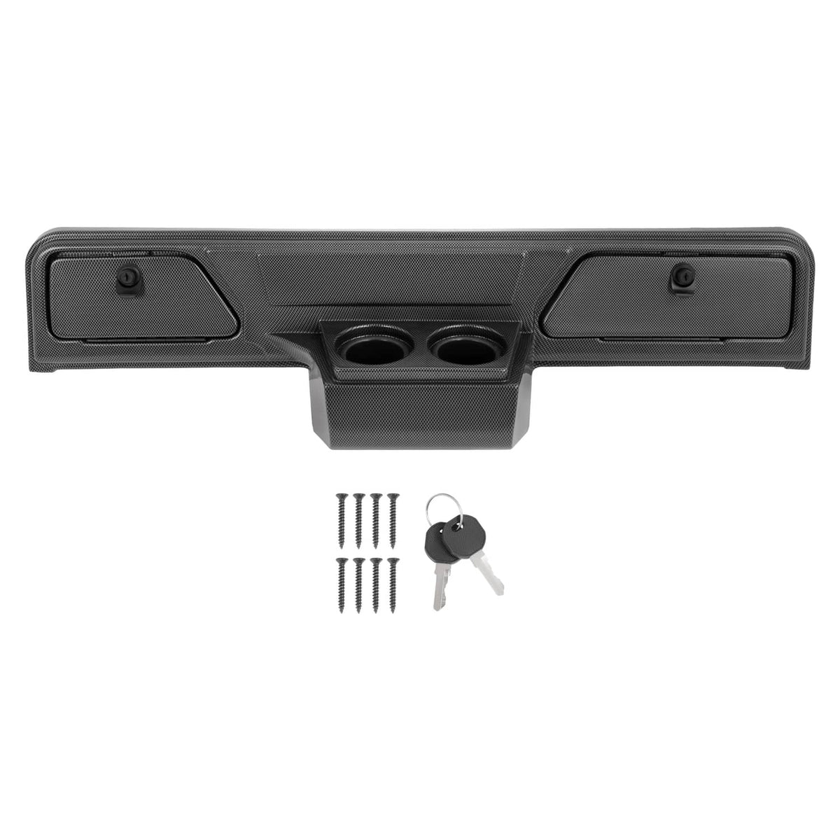 Carbon fiber-style dashboard dash cover with two cup holes, center bezel, and two side panels