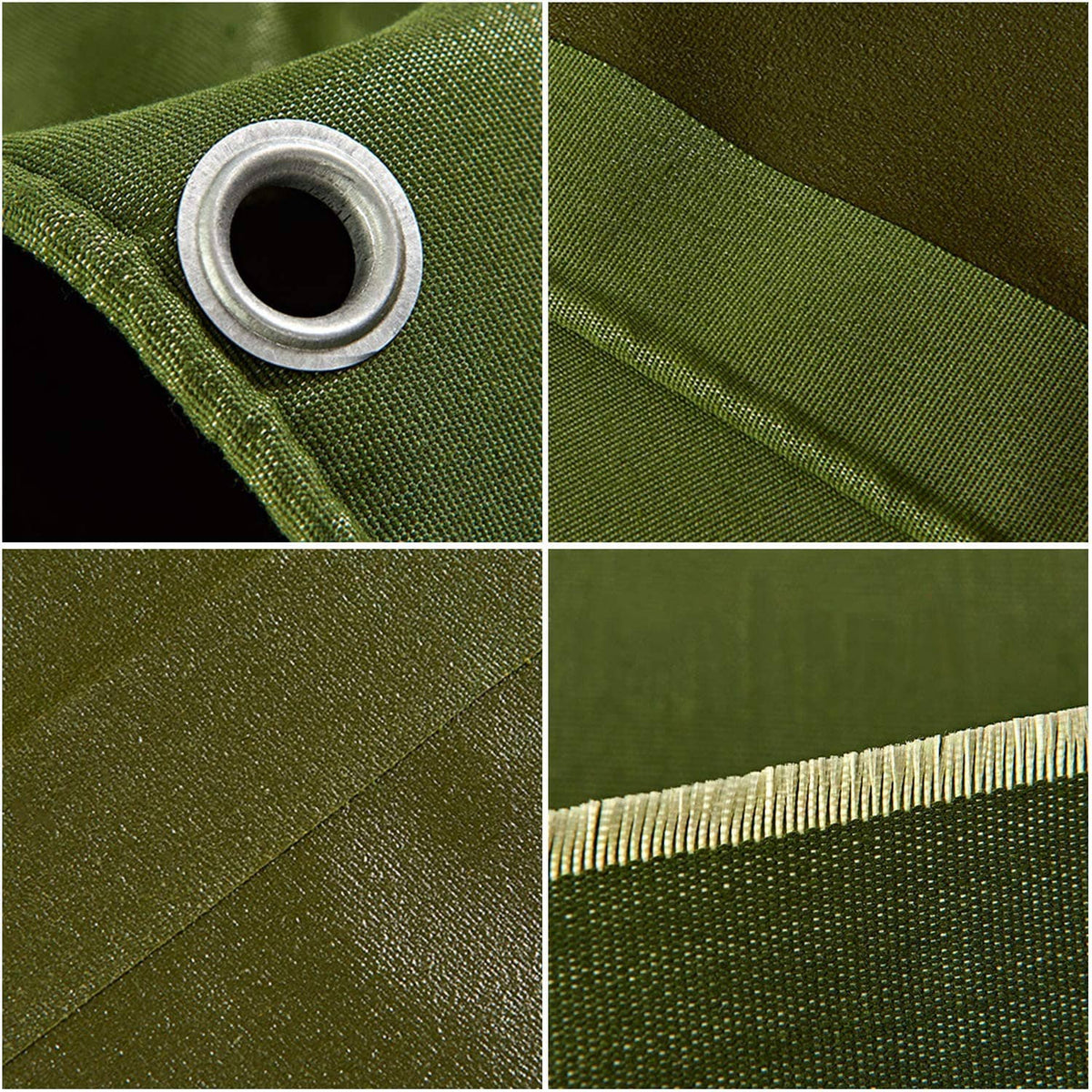 Green canvas tarp fabric close-up with reinforced weave and stitched seam detail