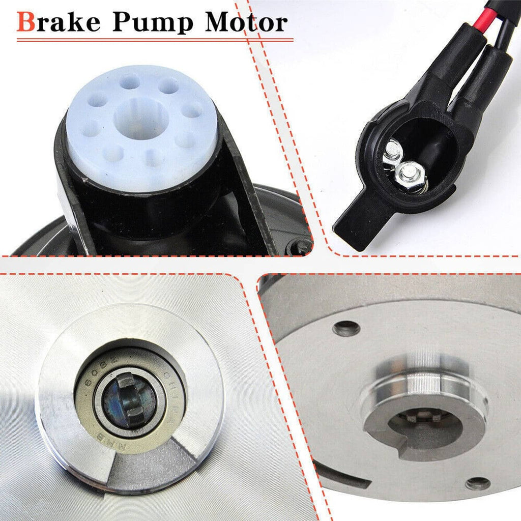 Brake pump motor with gasket and connector; close-up of mounting face
