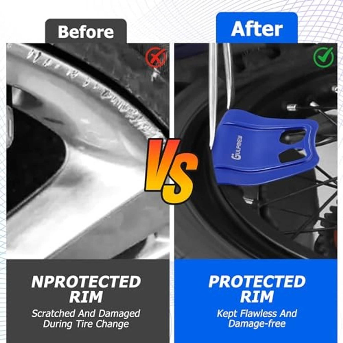 Wheel rim protector shown in after-use view, preventing scratches compared to before