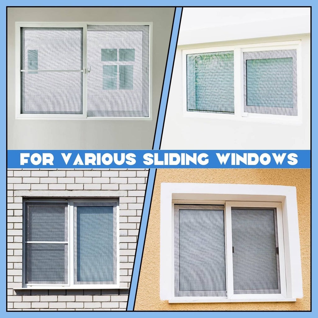 Window screen panels installed on sliding window frames with gray mesh