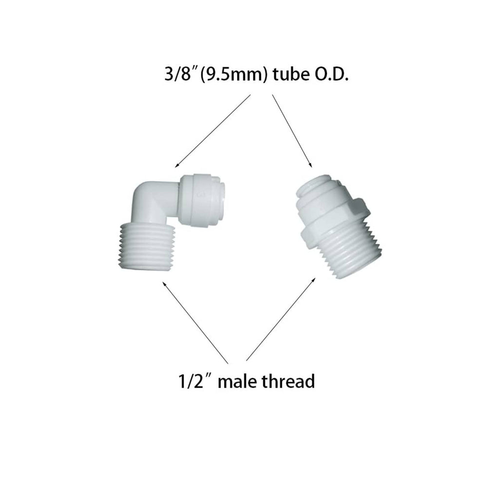 White quick-connect male elbow adapter for 3/8 in (9.5mm) tube O.D. and 1/2 in male thread