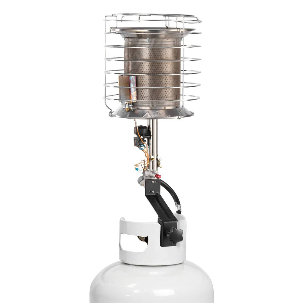 Propane infrared radiant tank-top heater with wire guard and control knob, outdoor