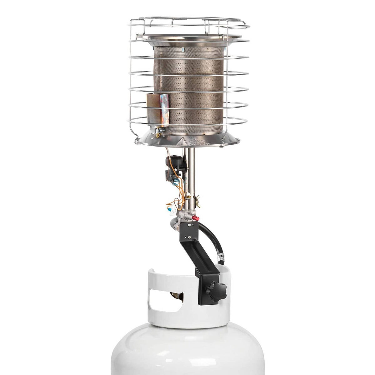 Propane infrared radiant tank-top heater with wire guard and control knob, outdoor