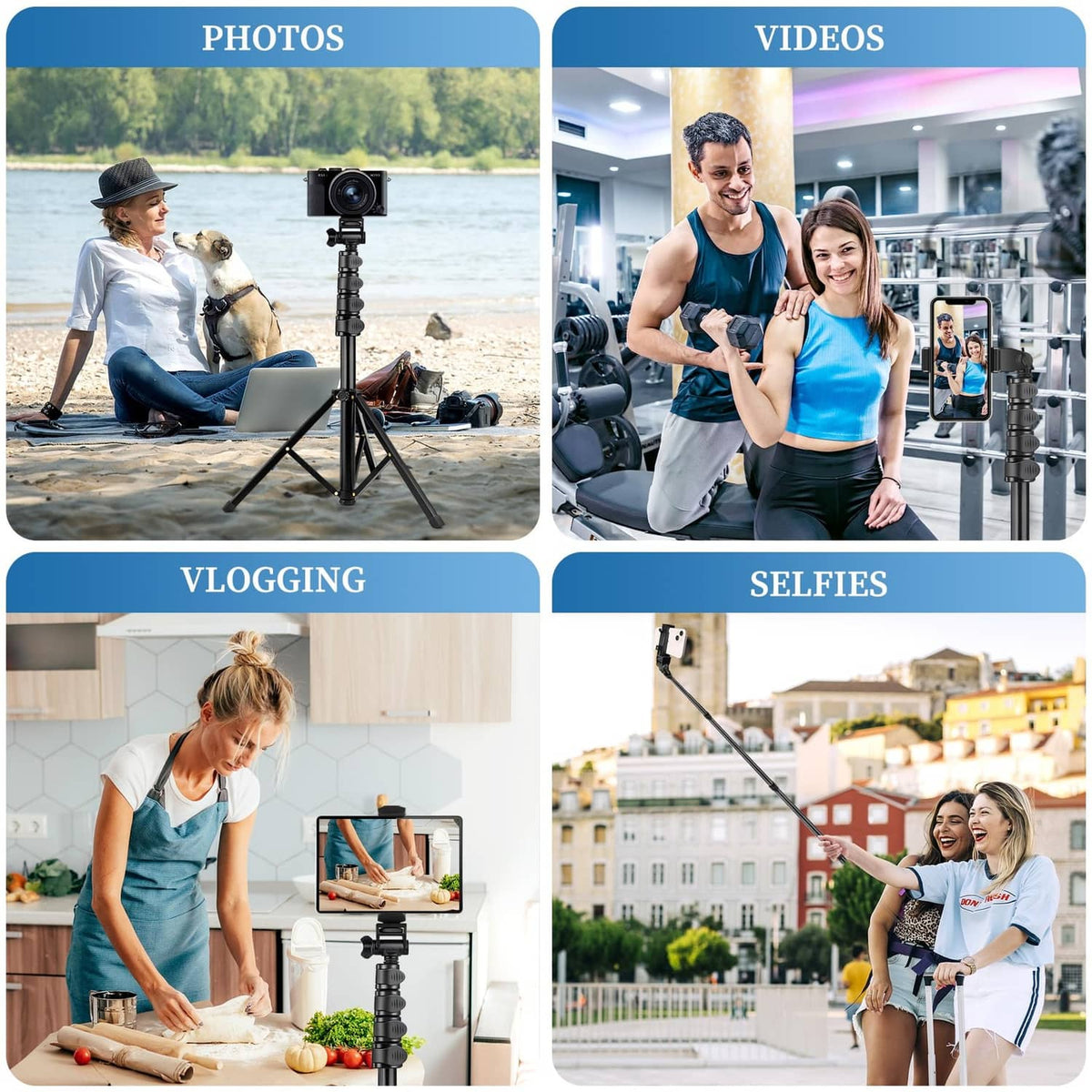 Black phone tripod stand with spring phone holder, pictured with a smartphone