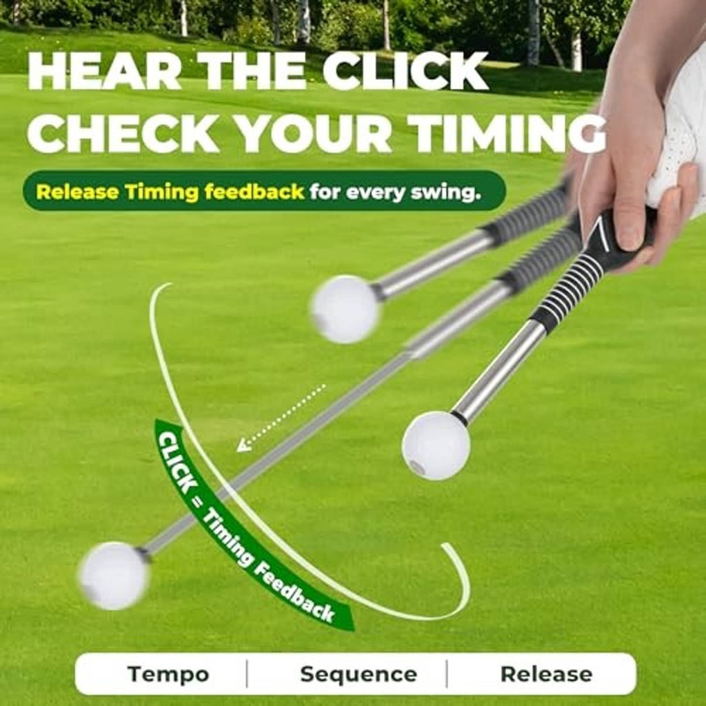 Golf swing trainer showing click timing feedback with foam ball heads on rods