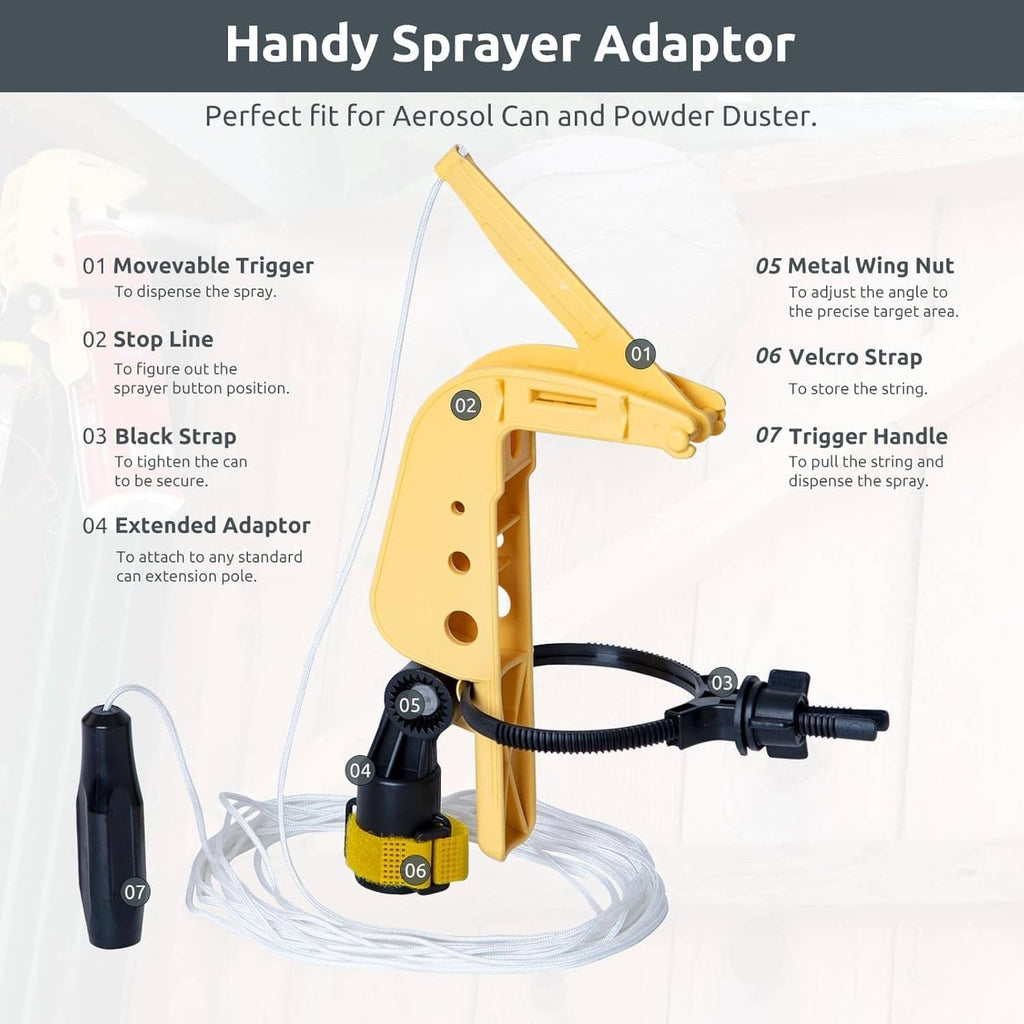 Yellow sprayer adaptor with adjustable trigger, metal wing nut, and white cord