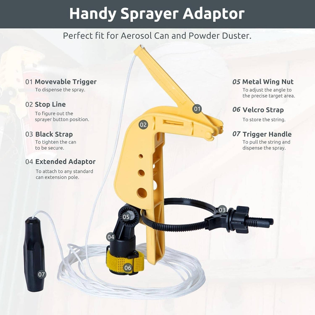 Yellow sprayer adaptor with adjustable trigger, metal wing nut, and white cord