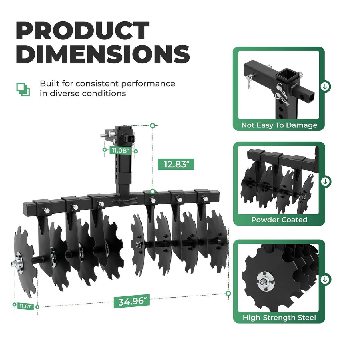 Black disc plow harrow attachment with receiver hitch mount and 8 disc blades