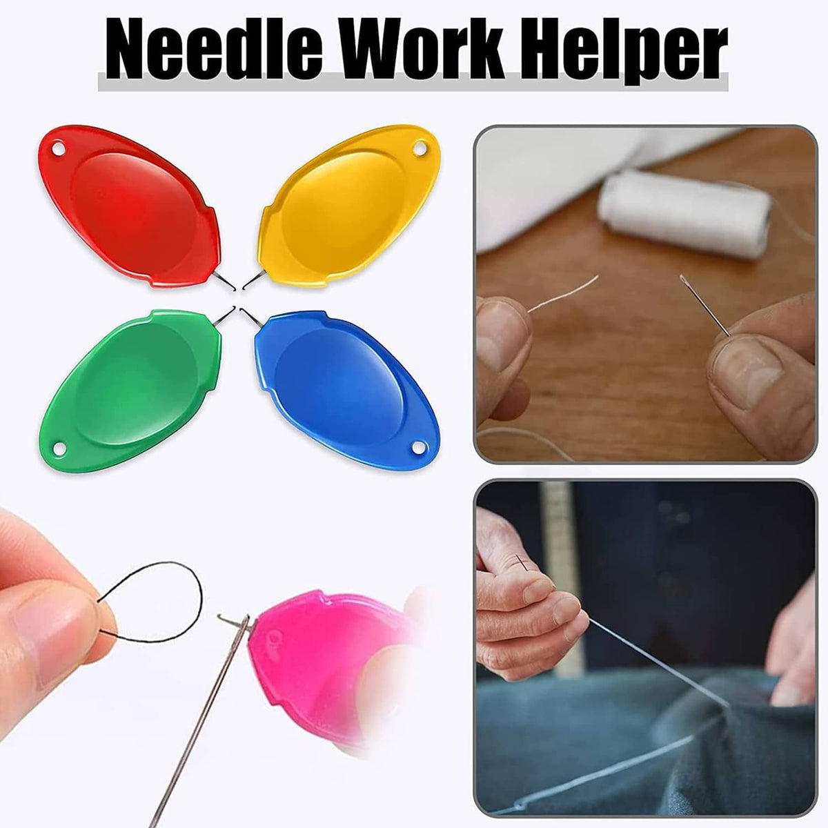 Needle work helper threader tools set, oval blue red green yellow pink pieces with thread