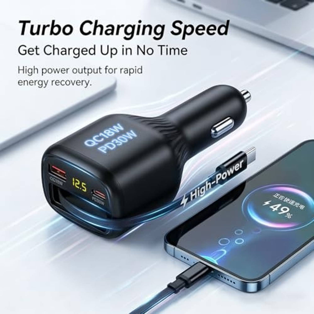 Black car charger with USB-C port and retractable charging cable