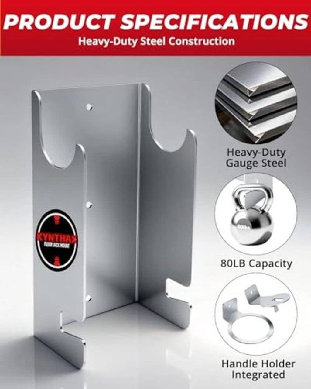Heavy-duty steel wall mount jack stand storage rack with handle holder and 80 lb capacity