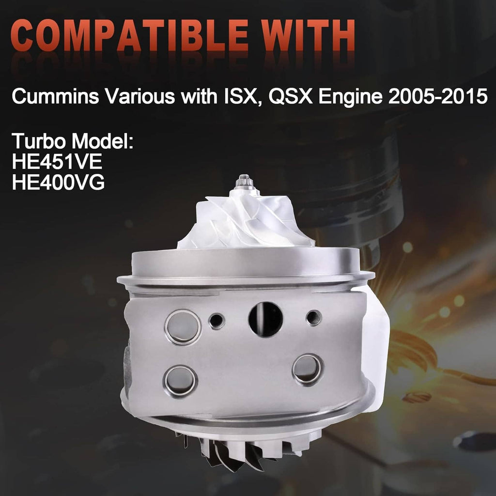 Turbo cartridge CHRA with polished compressor cover, metal body, and inlet connection ports.