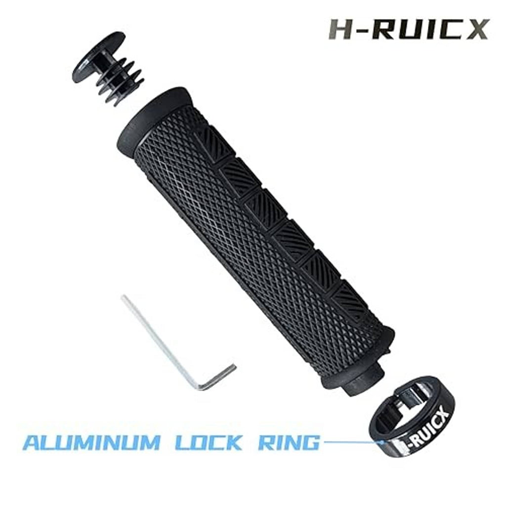 Dark textured handlebar grip with lock ring, hex key, and mounting hardware
