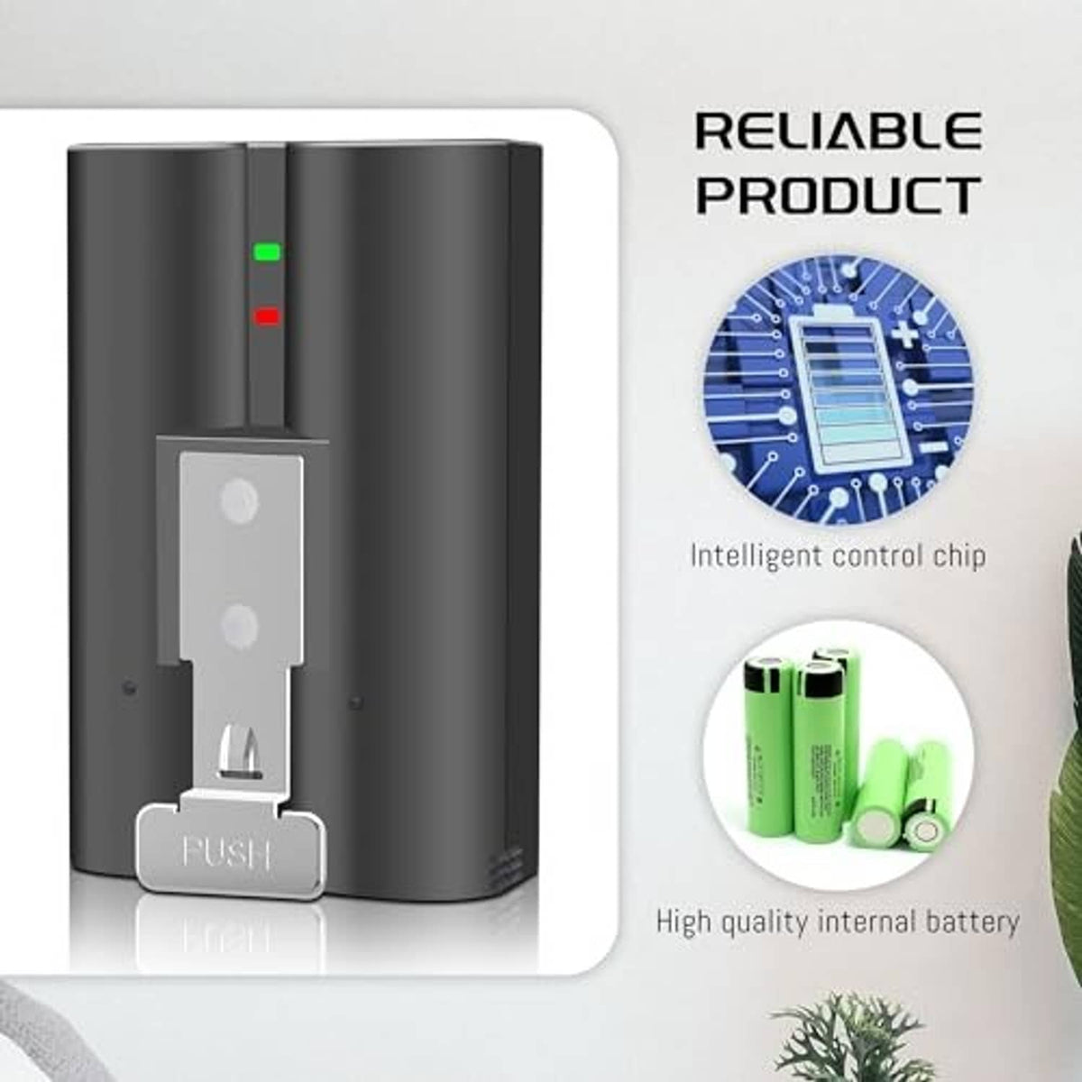 Charging dock with two battery slots and LED status lights, showing internal electronics