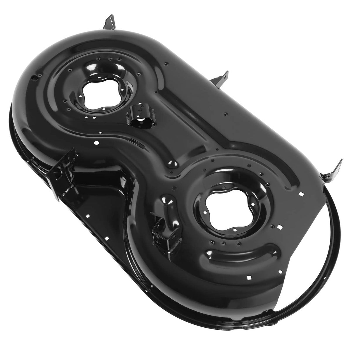Lawn mower cutting deck assembly, black steel pan with side baffles and two blade holes