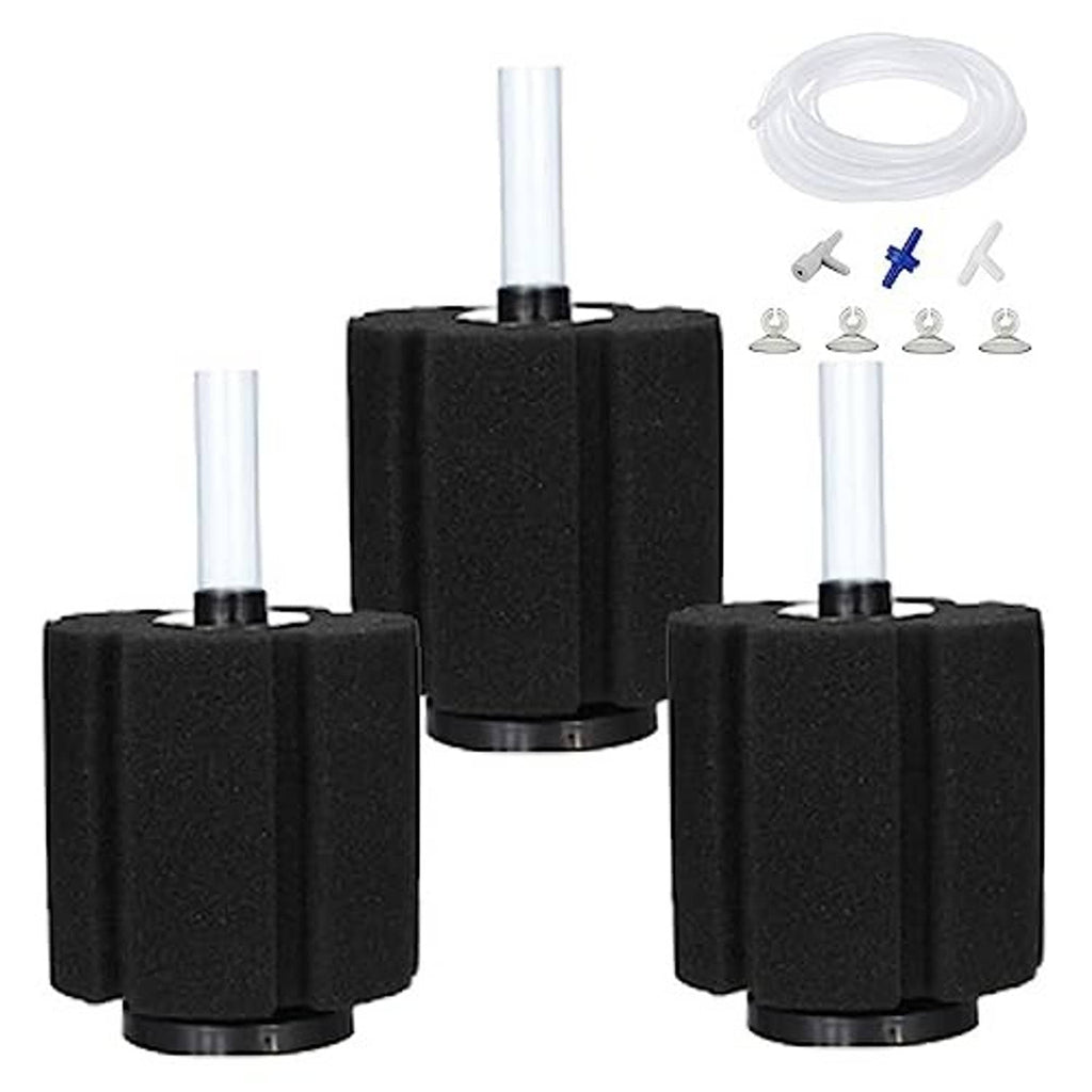 Bio sponge filter kit with three black sponge cartridges, air tubes, and fittings