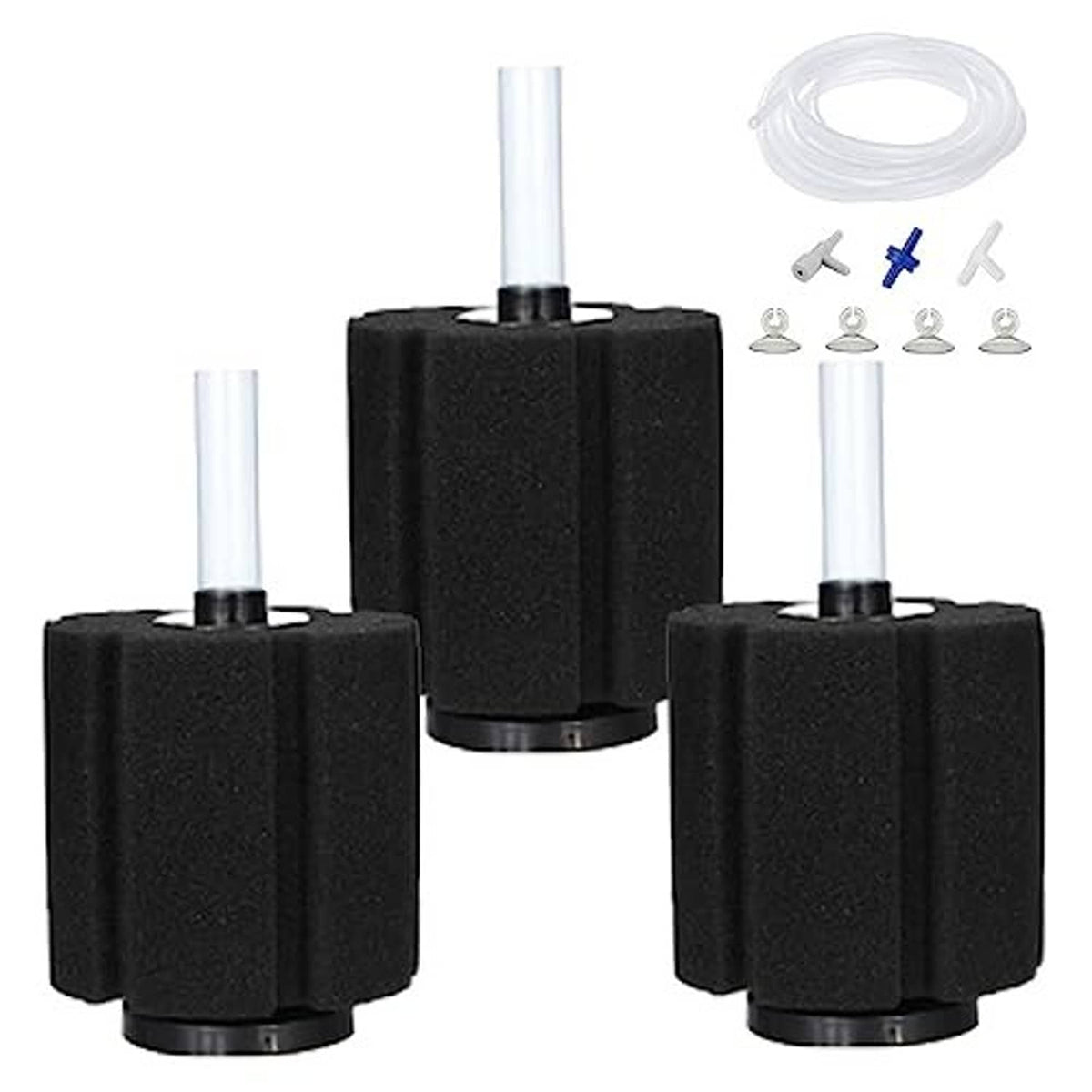 Bio sponge filter kit with three black sponge cartridges, air tubes, and fittings