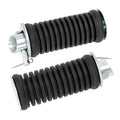 Motorcycle footpeg set with black ribbed rubber grips and silver metal mounting brackets