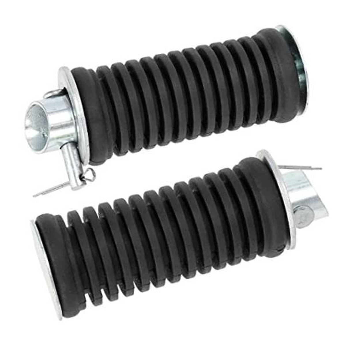 Motorcycle footpeg set with black ribbed rubber grips and silver metal mounting brackets