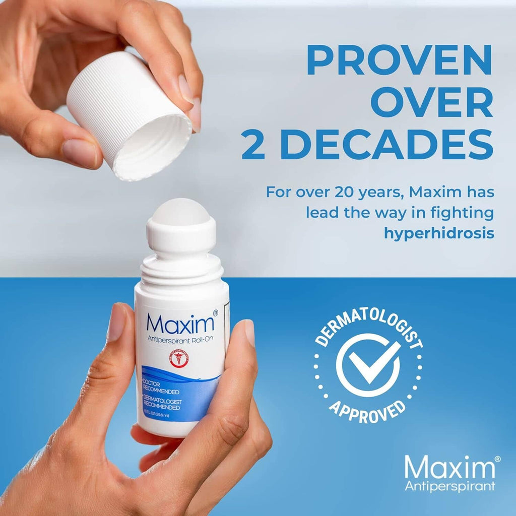 Maxim antiperspirant roll-on bottle with cap removed held in hands