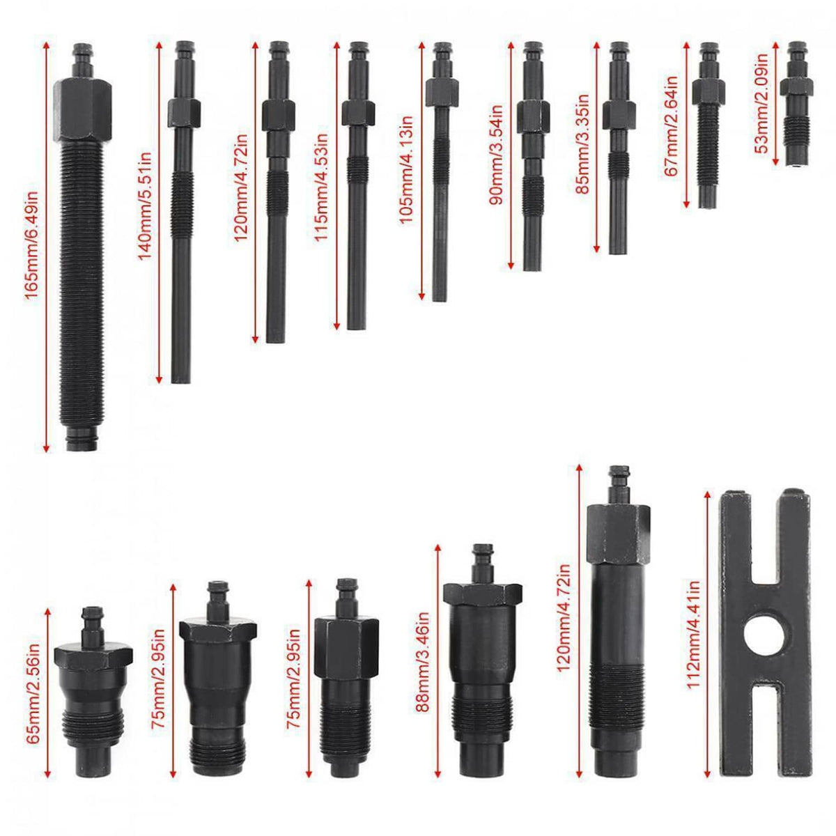 Compression tester adapter lengths chart showing multiple black threaded pieces