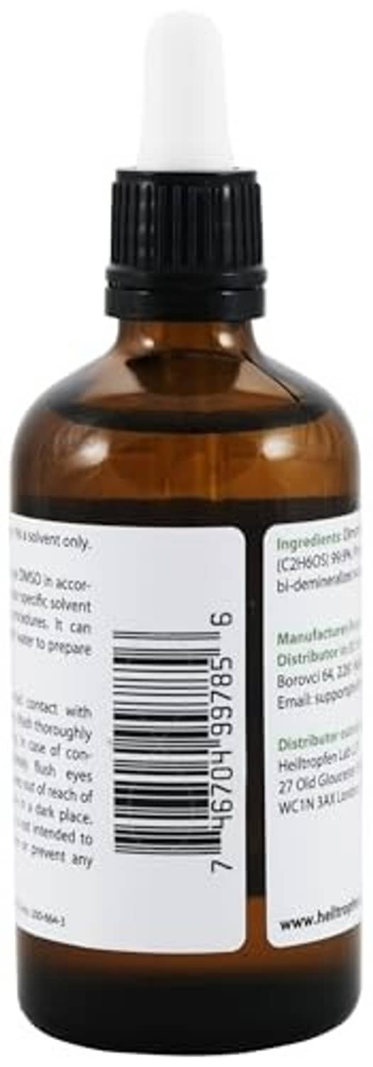 Amber DMSO bottle with black cap and barcode/ingredient label on side