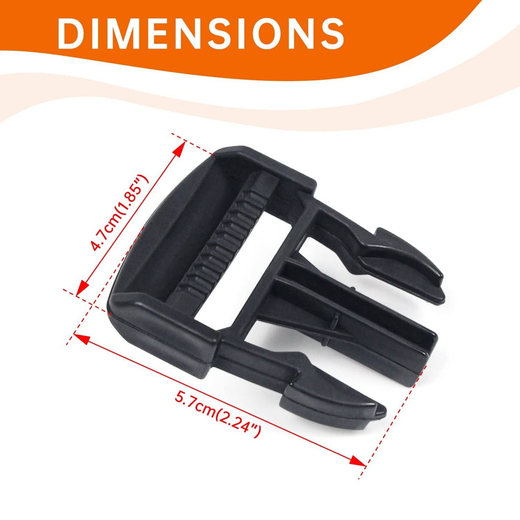 Black plastic door net buckle clip with serrated grip, shown with size diagram