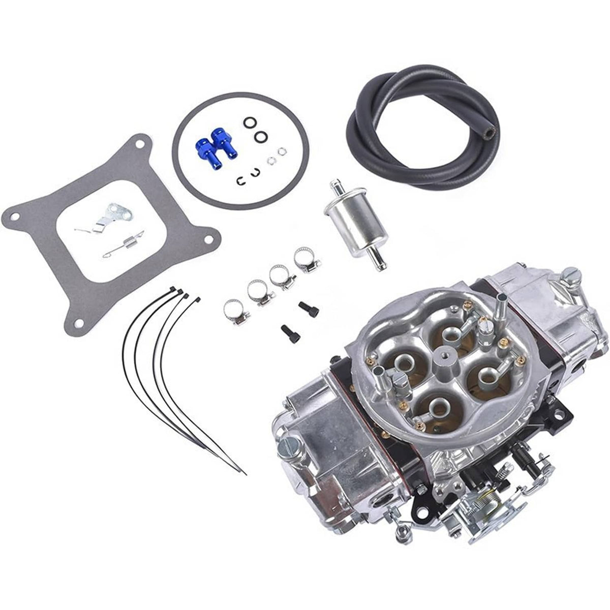 Billet aluminum 4-barrel double pumper race carburetor with blue-capped fittings and hose