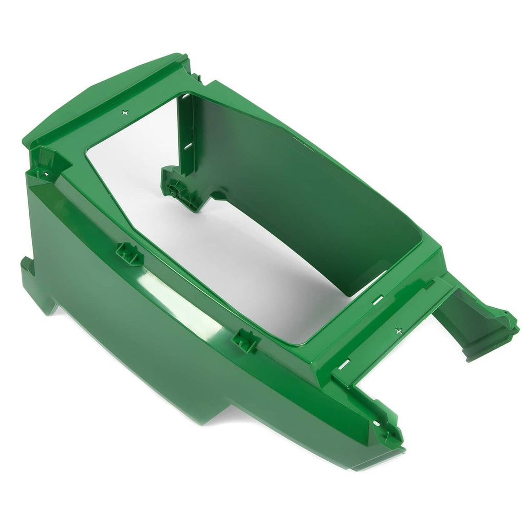 John Deere front lower hood, green plastic frame with rectangular opening and tabs
