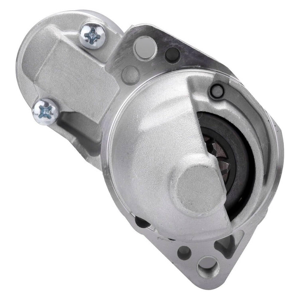Starter motor rear with silver housing and gear-end mounting flange, black interior.
