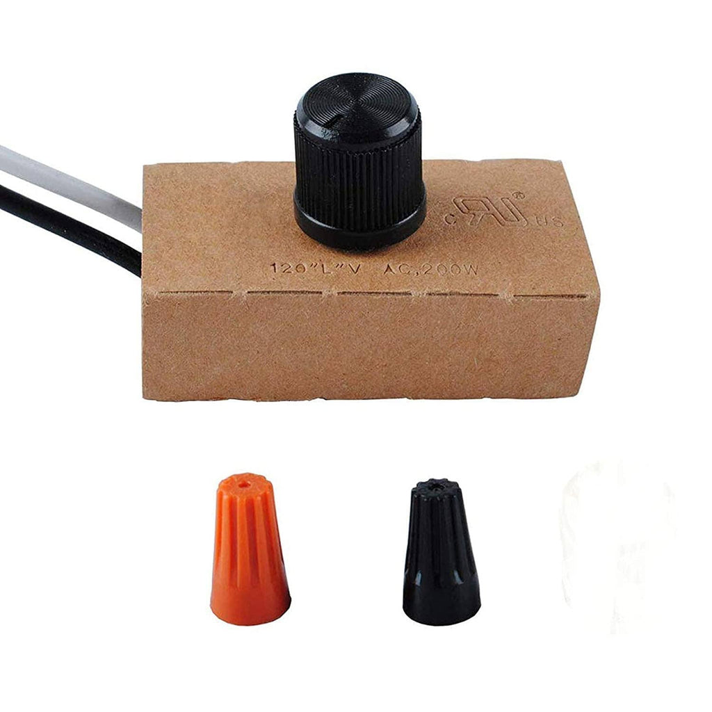 Dimmer switch module with black knob on brown base and two attached wires