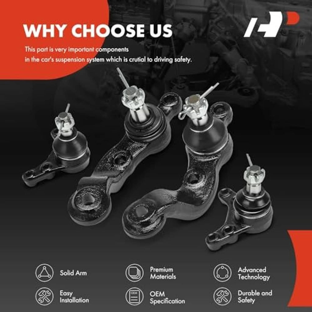 Ball joint kit set with four black upper and lower joints and mounting arms
