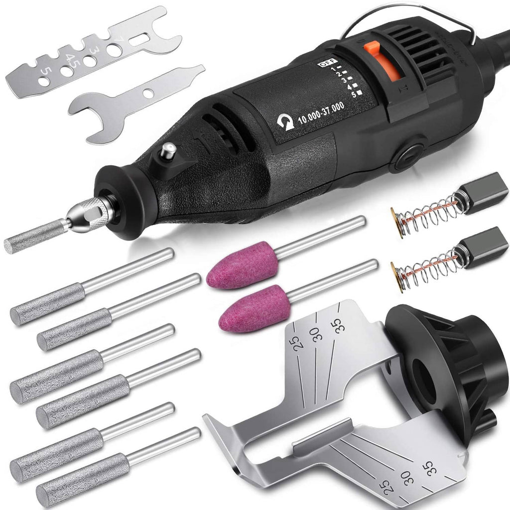 Electric chainsaw sharpener tool with angle guides, grinding stones and wrenches set
