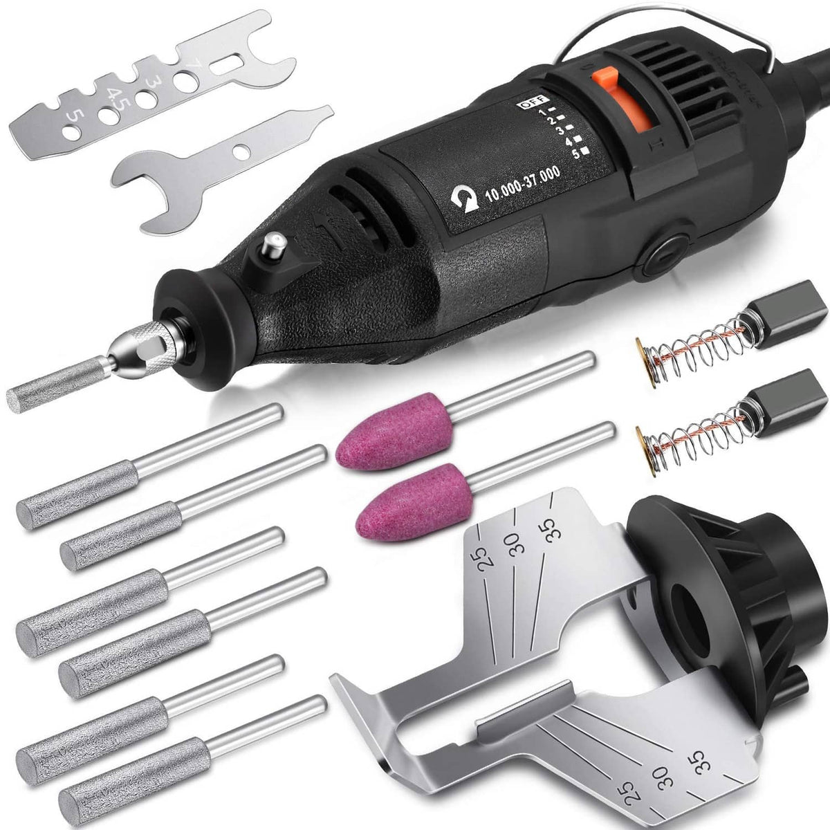 Electric chainsaw sharpener tool with angle guides, grinding stones and wrenches set