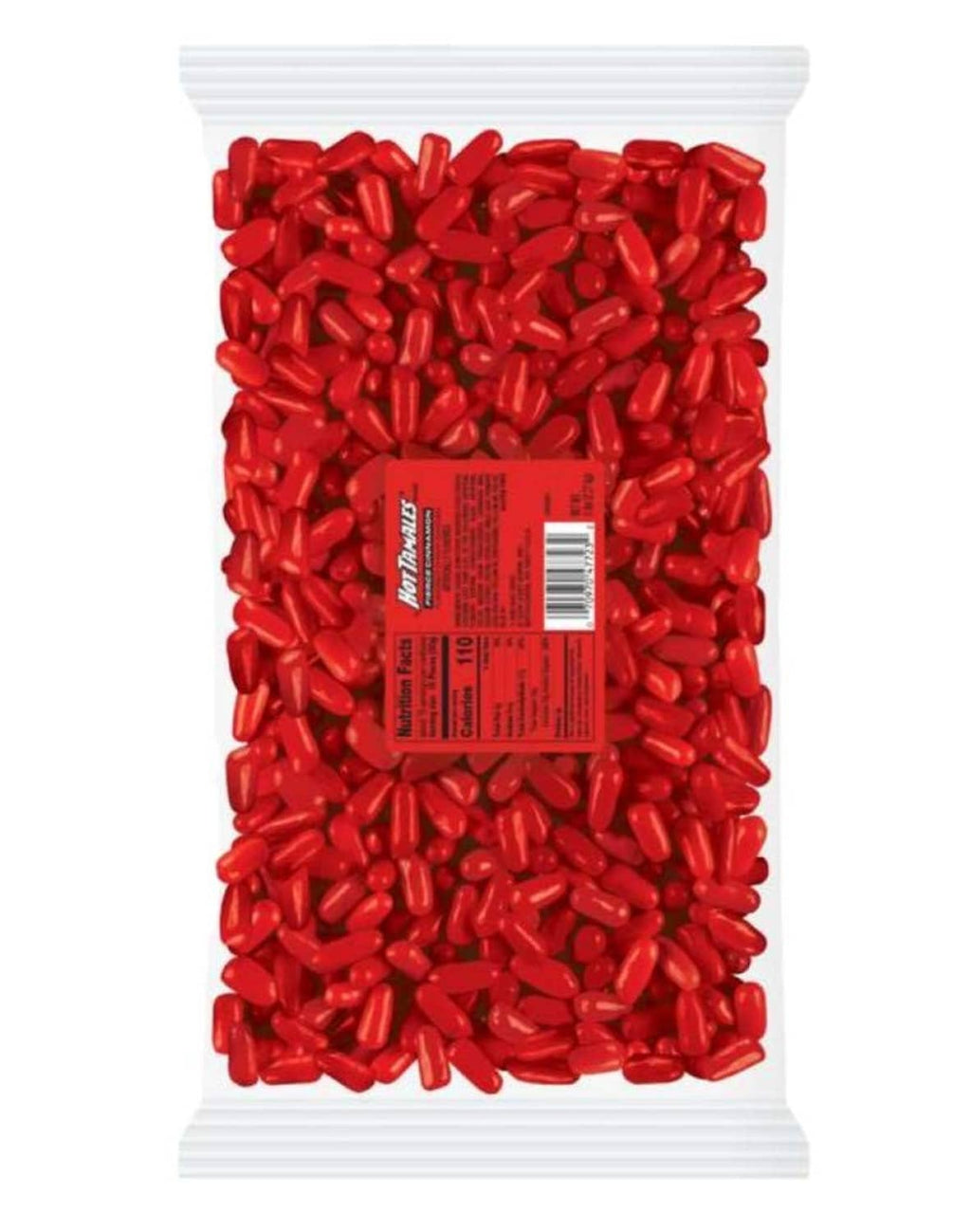 Hot Tamales cinnamon candies in a sealed pouch, red pieces with back label visible