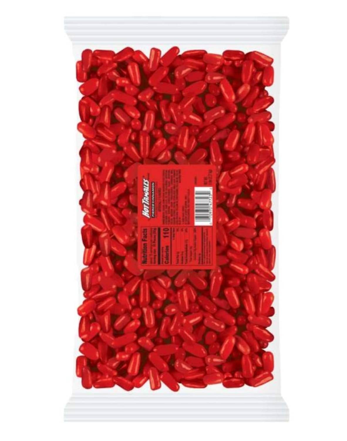 Hot Tamales cinnamon candies in a sealed pouch, red pieces with back label visible
