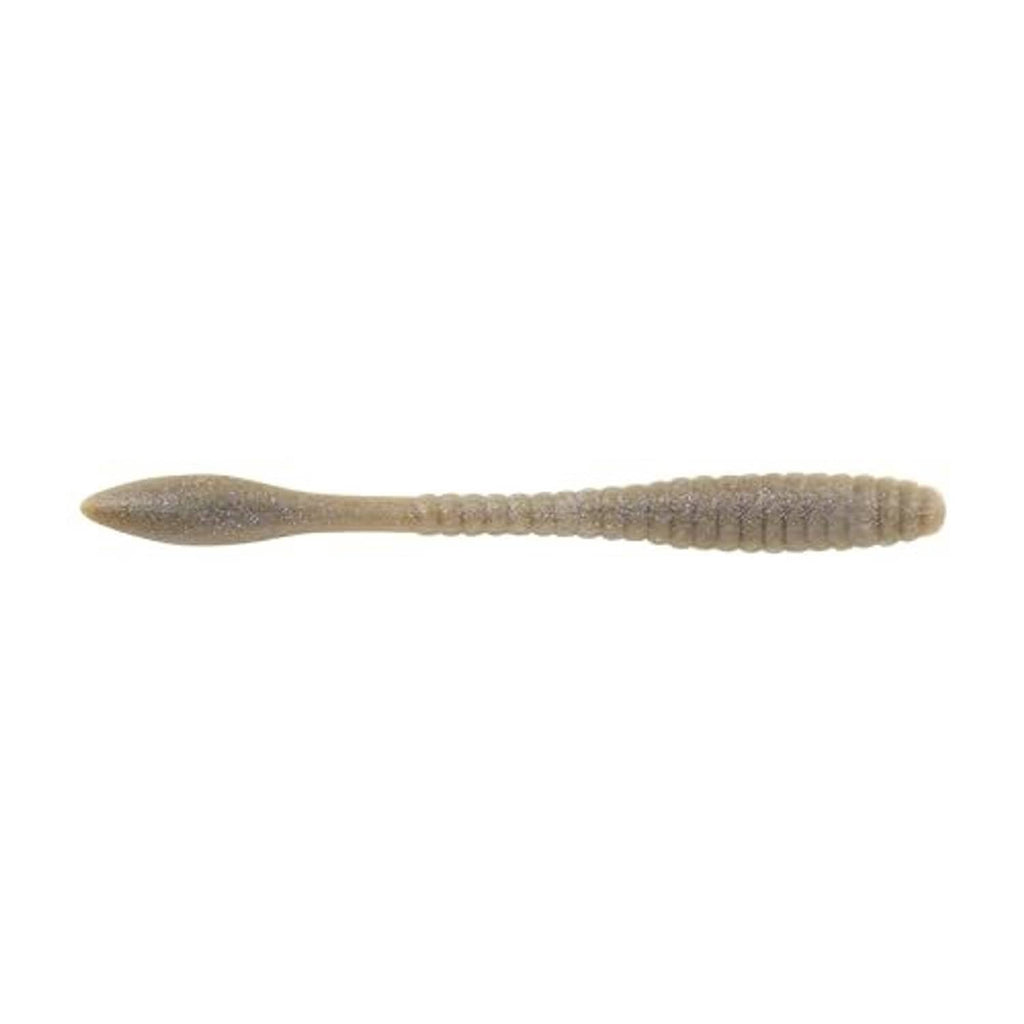Soft slender fishing bait in muted olive-brown with a tapered head and ribbed body