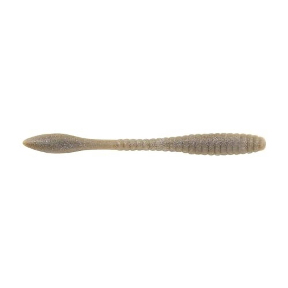Soft slender fishing bait in muted olive-brown with a tapered head and ribbed body