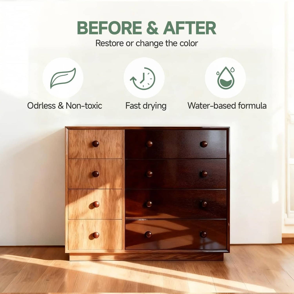 Wood stain before-and-after on cabinet drawers showing restored color