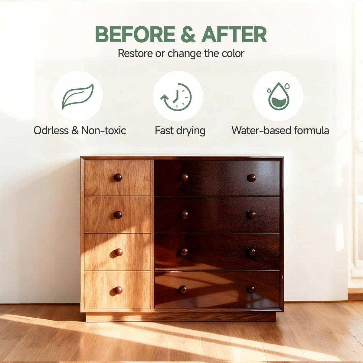 Wood stain before-and-after on cabinet drawers showing restored color
