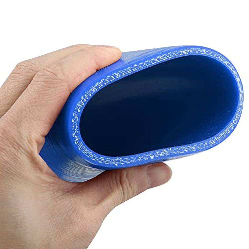 Blue 45-degree silicone hose elbow coupler held in hand, 70mm ID