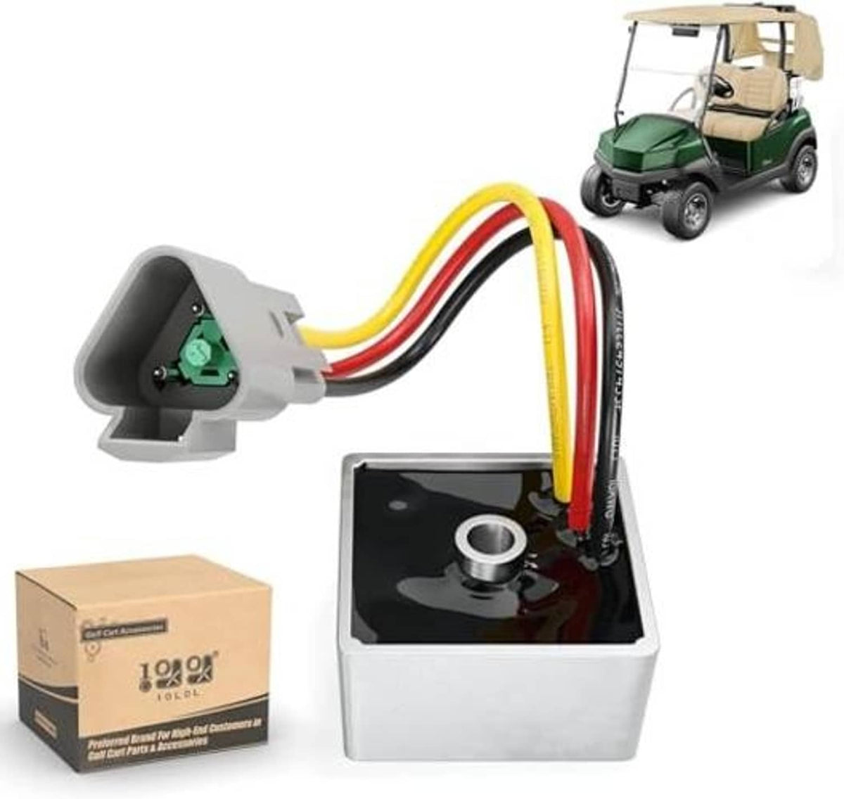 Voltage regulator kit with gray aluminum housing, multi-color leads, and mounting clip