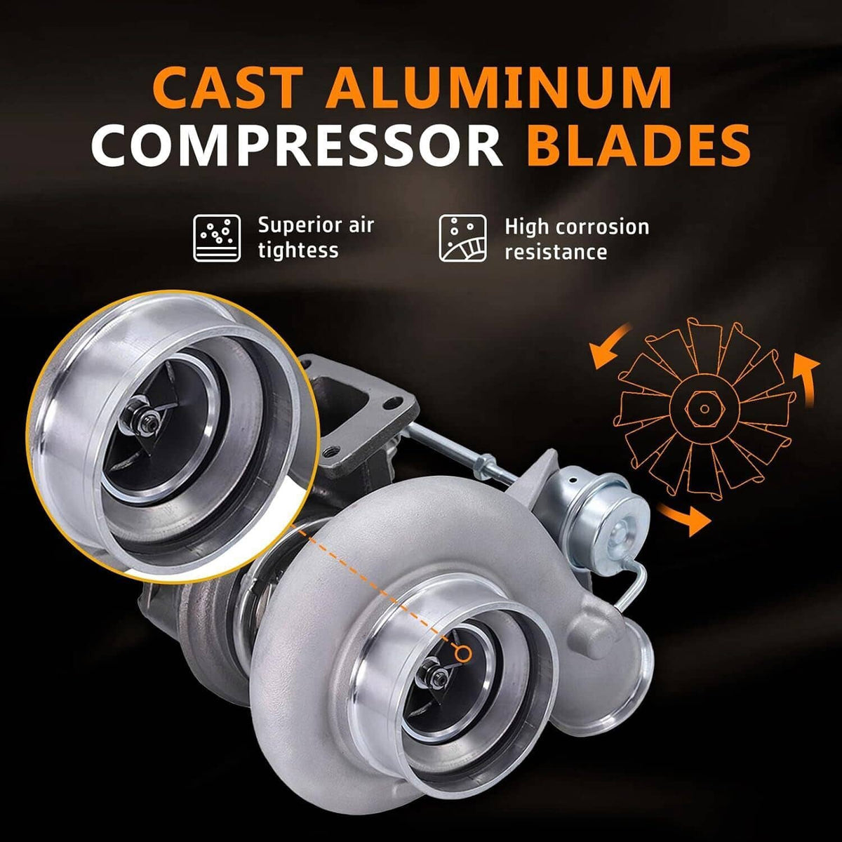 Turbocharger with silver cast compressor housing and dark turbine housing, close-up