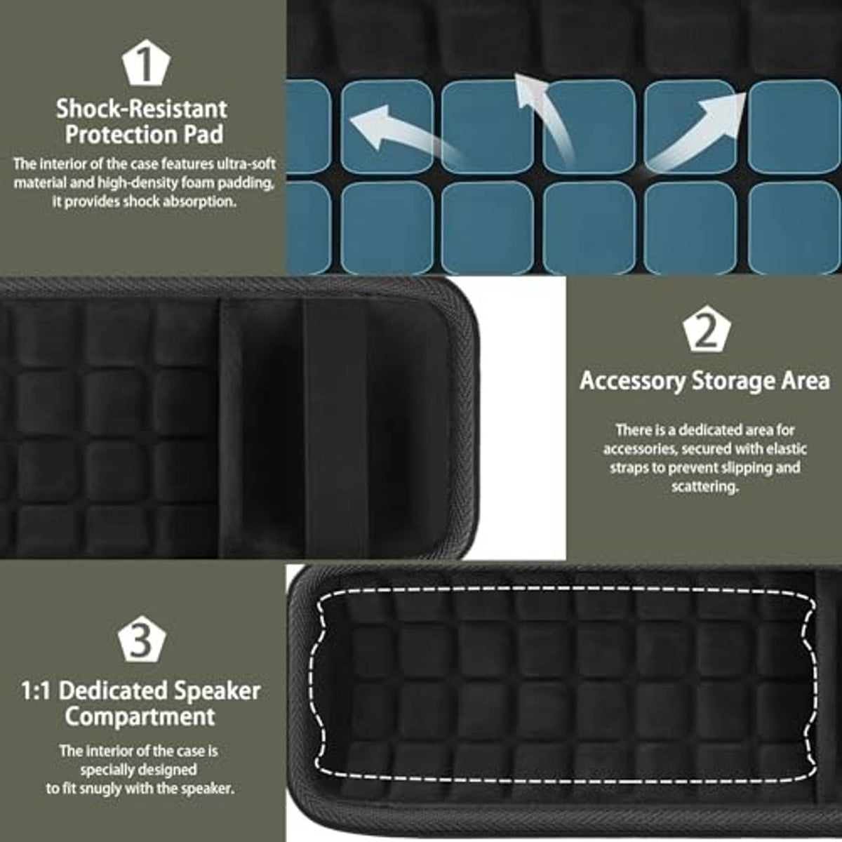 Black shock-resistant speaker case with textured shell, zipper, and accessory storage area