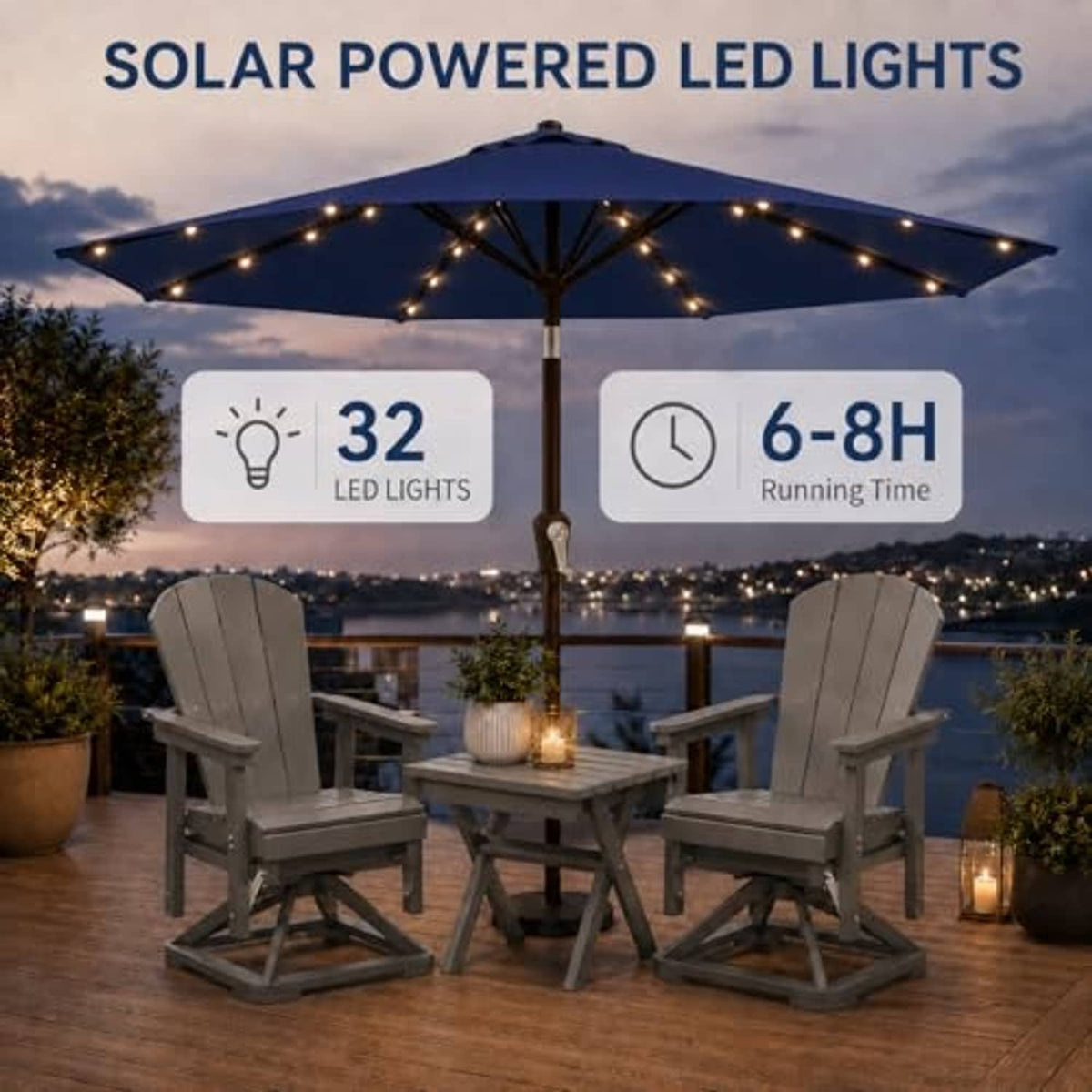 Navy outdoor umbrella with solar LED lights across canopy panels and pole.