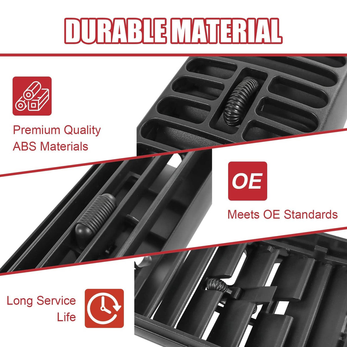 Black AC vent grille with sturdy molded plastic construction and inset horizontal louvers.