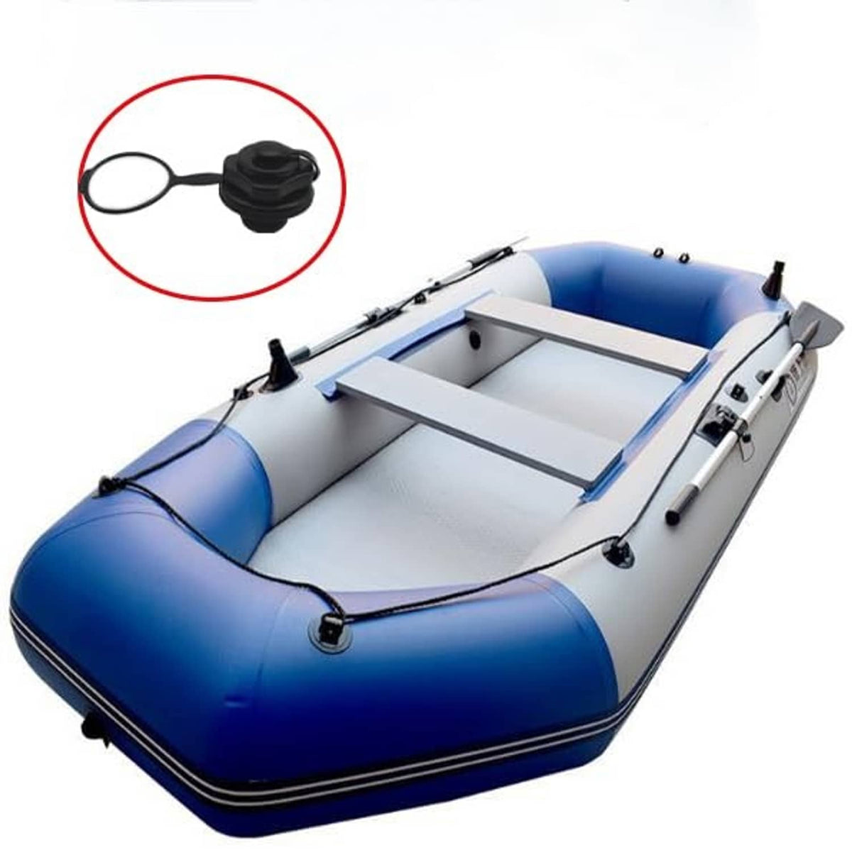 Black 24mm air valve with pull ring and gasket, shown on an inflatable boat